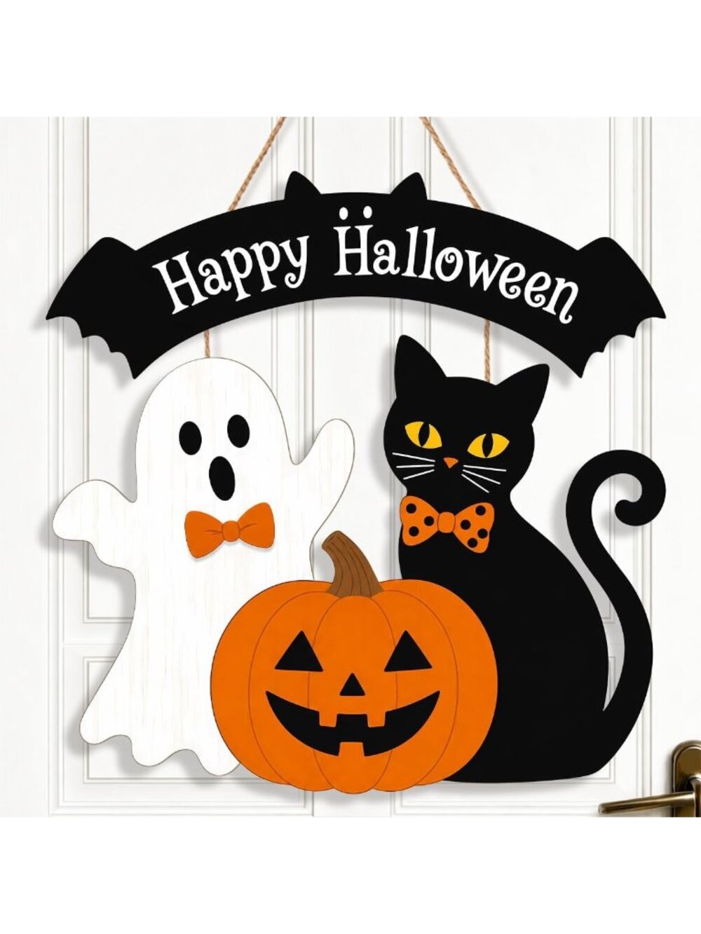 Halloween Welcome Wreath Front Door Wooden Ghost Black Cat Decor Pumpkin Wreath